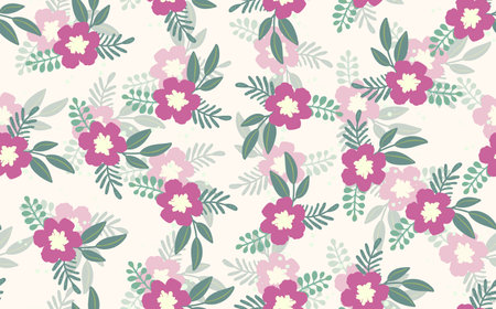 Seamless floral pattern based on traditional folk art ornaments. Colorful flowers on light background. Scandinavian style. Sweden nordic style. Vector illustration. Simple minimalistic patternのイラスト素材
