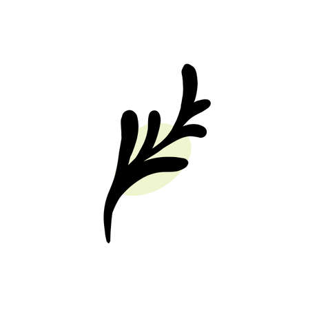 Branch with an abstract round spot. Artistic floral minimalist print. Isolated black silhouette of a plant with pastel drops. Modern watercolor shapes with leaves, acrylic ink blobs. Vector elementのイラスト素材