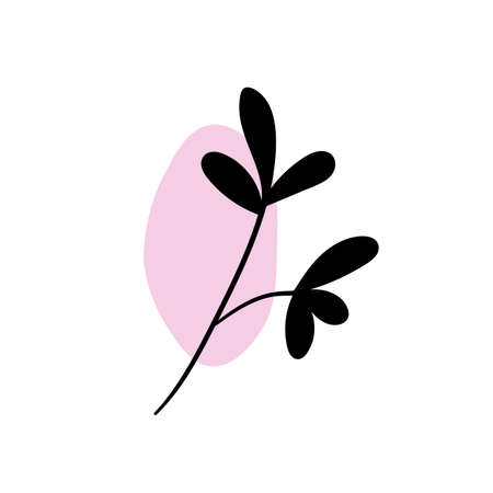Branch with an abstract round spot. Artistic floral minimalist print. Isolated black silhouette of a plant with pastel drops. Modern watercolor shapes with leaves, acrylic ink blobs. Vector elementのイラスト素材