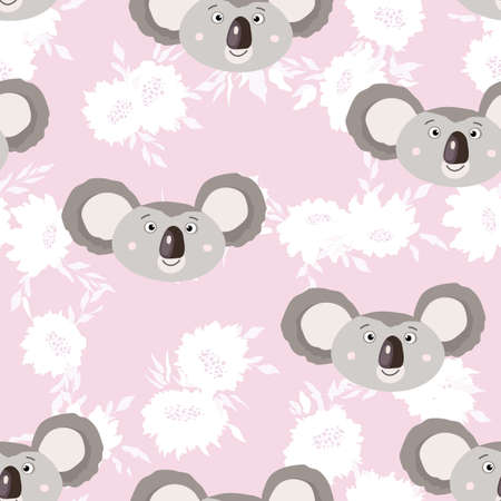 Seamless pattern with cute koala baby and flowers on white background. Funny australian animals. Card, postcards for kids. Flat vector illustration for fabric, textile, wallpaper, poster, paperのイラスト素材