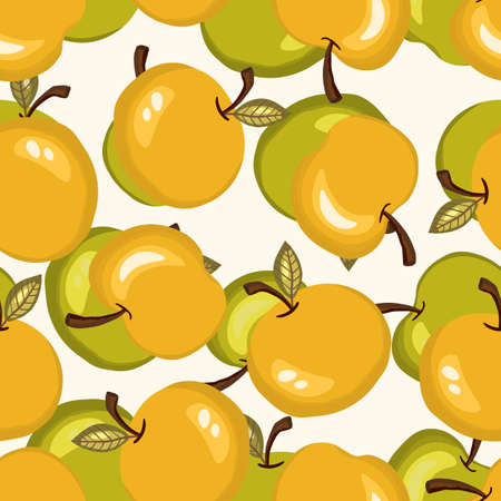 Seamless pattern with apple on white background. Natural delicious fresh ripe tasty fruit. Vector illustration for print, fabric, textile, banner, design. Stylized apples with leaves. Food conceptのイラスト素材