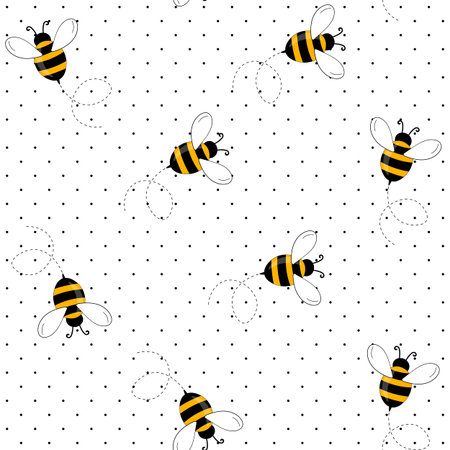Seamless pattern with bees on white polka dots background. Small wasp. Vector illustration. Adorable cartoon character. Template design for invitation, cards, textile, fabric. Doodle styleのイラスト素材