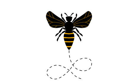 Cartoon bee mascot. A small bees flying on a dotted route. Wasp collection. Vector characters. Incest icon. Template design for invitation, cards. Doodle styleのイラスト素材