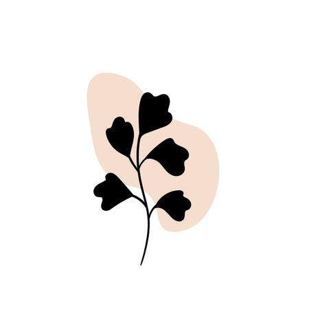 Branch with an abstract round spot. Artistic floral minimalist print. Isolated black silhouette of a plant with pastel drops. Modern watercolor shapes with leaves, acrylic ink blobs. Vector elementのイラスト素材