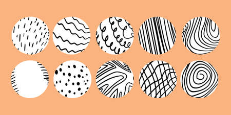 Trendy social media round cover design, social network stories and post, mobile apps, design. Template icons with geometric doodle elements. Set of various vector highlight covers, mockup.のイラスト素材