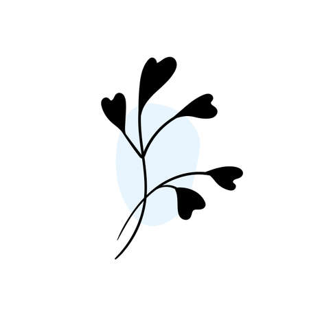 Branch with an abstract round spot. Artistic floral minimalist print. Isolated black silhouette of a plant with pastel drops. Modern watercolor shapes with leaves, acrylic ink blobs. Vector elementのイラスト素材