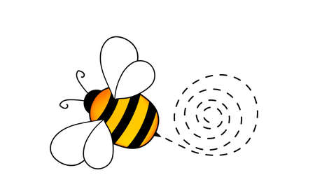 Cartoon bee mascot. A small bees flying on a dotted route. Wasp collection. Vector characters. Incest icon. Template design for invitation, cards. Doodle styleのイラスト素材