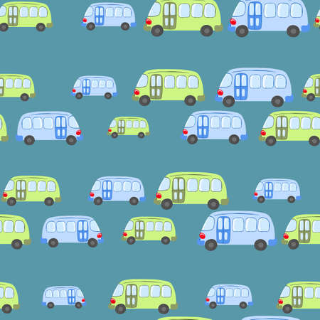 Seamless pattern with cute bus, car on color background. Cartoot transport. Vector illustration. Doodle style. Design for baby print, invitation, poster, card, fabric, textileのイラスト素材