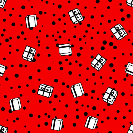 Holiday seamless pattern with present on red background. Vector illustration for Birthday, Merry Christmas, New year. Template design for invitation, poster, card, fabric, textile. Doodle style.のイラスト素材