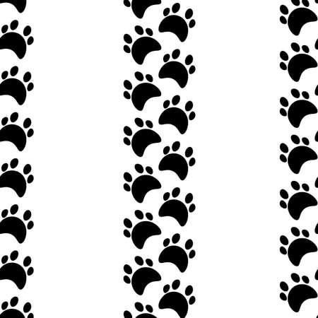 Flat cartoon animal footprint silhouette seamless pattern. Cat or dog foot, unknown animal. Black print paw trace. Vector illustration. Trendy style designのイラスト素材