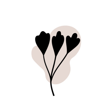 Branch with an abstract round spot. Artistic floral minimalist print. Isolated black silhouette of a plant with pastel drops. Modern watercolor shapes with leaves, acrylic ink blobs. Vector elementのイラスト素材