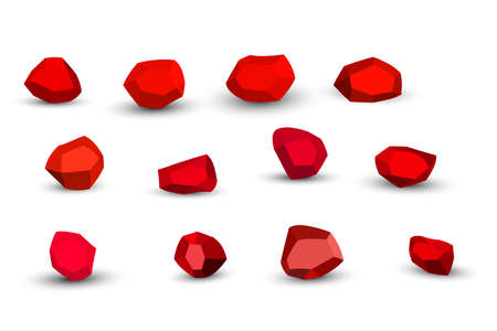 Cartoon red stones. Rock stone isometric set. Colorful boulders, natural building block shapes, wall stones. 3d flat isolated illustration. Vector collection.のイラスト素材