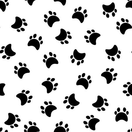 Flat cartoon animal footprint silhouette seamless pattern. Cat or dog foot, unknown animal. Black print paw trace. Vector illustration. Trendy style designのイラスト素材