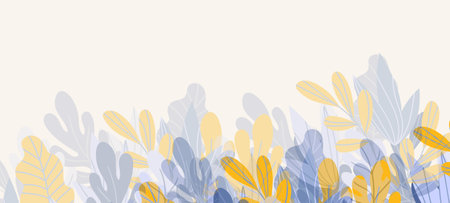 Floral web banner with drawn color exotic leaves. Nature concept design. Modern floral compositions with summer branches. Vector illustration on the theme of ecology, natura, environmentのイラスト素材