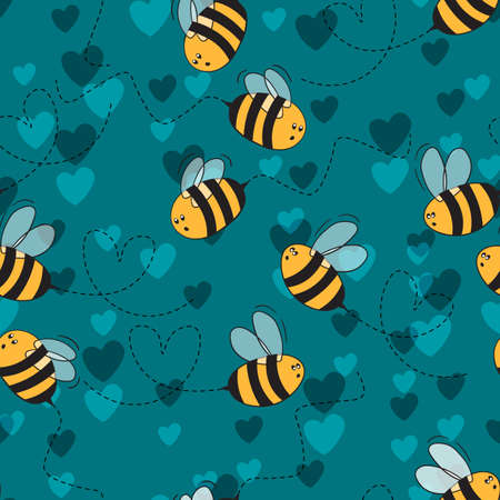 Seamless pattern with bees and hearts on color background. Small wasp. Vector illustration. Adorable cartoon character. Template design for invitation, cards, textile, fabric. Doodle style.のイラスト素材