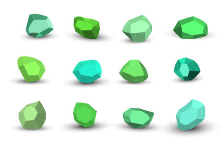 Cartoon green stones. Rock stone isometric set. Colorful boulders, natural building block shapes, wall stones. 3d flat isolated illustration. Vector collectionのイラスト素材