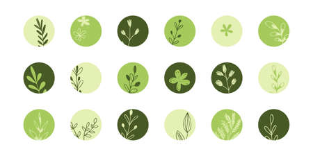 Trendy social media round cover design, social network stories and post, mobile apps, design. Template icons with floral doodle elements. Set of various vector highlight covers, mockup for bloggersのイラスト素材