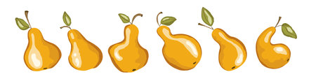 Pear icon set isolated on white background. Natural delicious fresh ripe tasty fruit. Template vector illustration for packaging, banner, card, other design. Stylized pears with leaves. Food conceptのイラスト素材