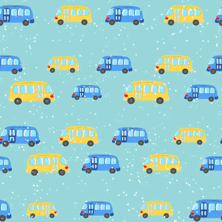 Seamless pattern with cute bus, car on color background. Cartoot transport. Vector illustration. Doodle style. Design for baby print, invitation, poster, card, fabric, textileのイラスト素材