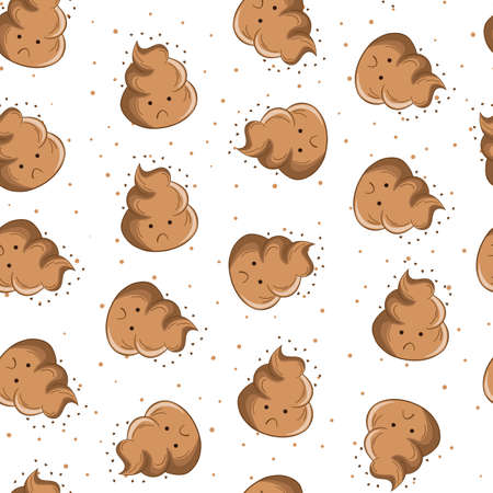 Seamless pattern with kawaii poop on white background. Cartoon poo, feces icons. Shit patterns, evil turd. Vector illustration for invitation, poster, card, fabric, textile. Doodle styleのイラスト素材
