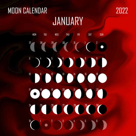 January 2022 Moon calendar. Astrological calendar design. planner. Place for stickers. Month cycle planner mockup. Isolated liquid color background.のイラスト素材