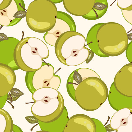 Seamless pattern with apple on white background. Natural delicious fresh tasty fruit. Vector illustration for print, fabric, textile, banner, other design. Stylized apples with leaves. Food conceptのイラスト素材
