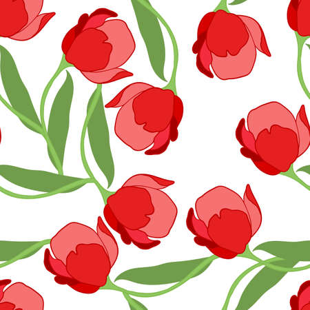 Spring colorful vector illustration with red tulips. Cartoon style. Design for fabric, textile, paper. Holiday print for Easter, Birthday, 8 march. Flowers with leavesのイラスト素材