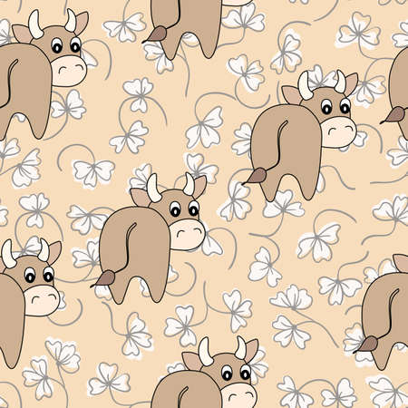 Vector flat animals colorful illustration for kids. Seamless pattern with cute bull and flowers on beige background. Cartoon adorable character. Design for poster, fabric, textile. Cute cow.のイラスト素材