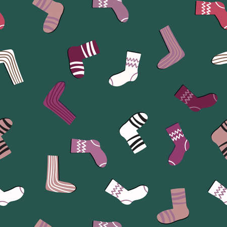 Seamless pattern with modern colorful socks. Trendy accessories in doodle style. Various cotton foot cloth. Cartoon socks for web and print, for invitation, card, fabric, textile. Vector illustrationのイラスト素材