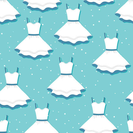 Lovely feminine elegant beautiful white dress. Seamless pattern with Trendy dresses. Women cloth element. Feminine symbol, modern design. Vector sketch illustration. Clothes conceptのイラスト素材