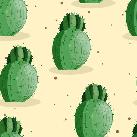 Seamless pattern with cactus with thorns, succulent on color background. Vector drawing illustration for icon, game, packaging, fabric, textile. Wild west, western, cowboy concept.のイラスト素材