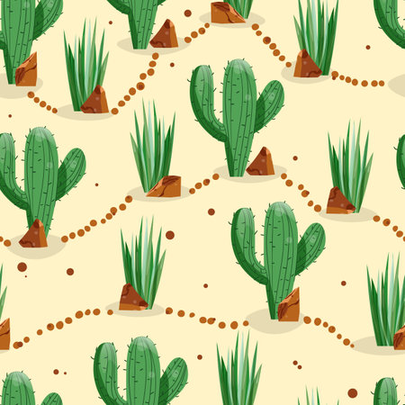 Seamless pattern with cactus with thorns, succulent on color background. Vector drawing illustration for icon, game, packaging, fabric, textile. Wild west, western, cowboy concept.のイラスト素材