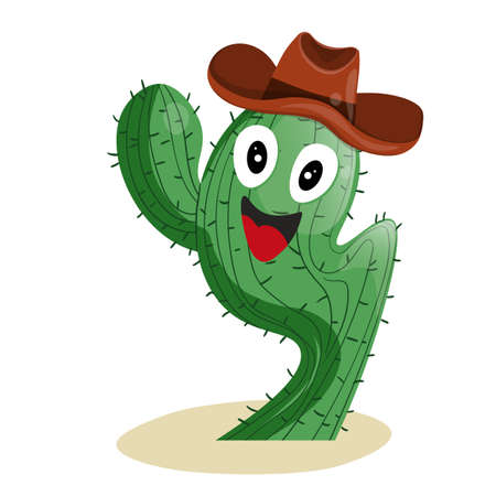 Tall succulent cactus with thorns in Cowboy hat isolated element. Vector drawing illustration for icon, game, packaging, banner. Wild west, western, cowboy conceptのイラスト素材