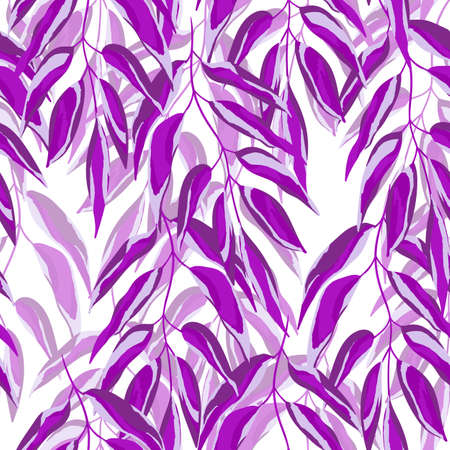 Purple and white seamless pattern with sprigs. Vector stock illustration for fabric, textile, wallpaper, posters, paper. Fashion print. Branch with monstera leaves. Doodle styleのイラスト素材