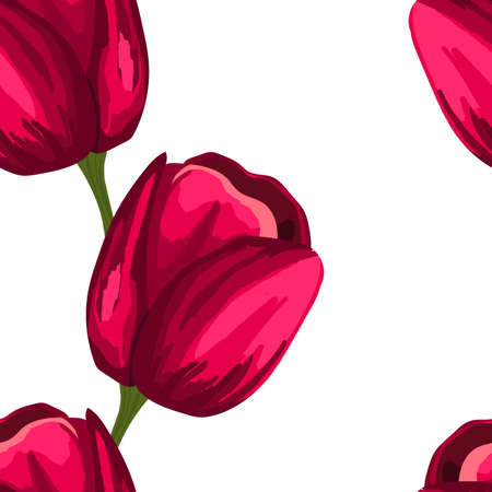 Spring colorful vector illustration with red tulips. Cartoon style. Design for fabric, textile, paper. Holiday print for Easter, Birthday, 8 march. Flowers with leavesのイラスト素材