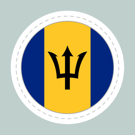 Sticker ball with flag of Barbados. Round sphere, template icon. National symbol. Glossy realistic ball, 3D abstract vector illustration. Big bubbleのイラスト素材