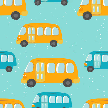 Seamless pattern with cute bus, car on color background. Cartoon transport. Vector illustration....