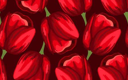 Spring colorful vector illustration with red tulips. Cartoon style. Design for fabric, textile, paper. Holiday print for Easter, Birthday, 8 march. Flowers with leavesのイラスト素材