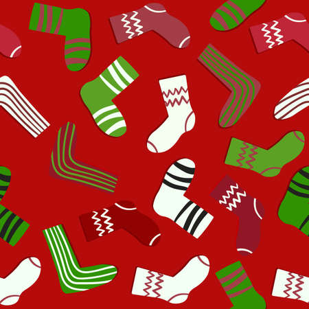 Seamless pattern with modern colorful socks. Trendy accessories in doodle style. Various cotton foot cloth. Cartoon socks for web and print, for invitation, card, fabric, textile. Vector illustrationのイラスト素材