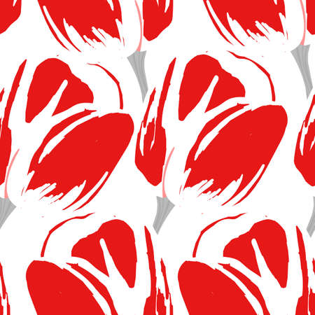 Spring colorful vector illustration with red tulips. Cartoon style. Design for fabric, textile, paper. Holiday print for Easter, Birthday, 8 march. Flowers with leavesのイラスト素材