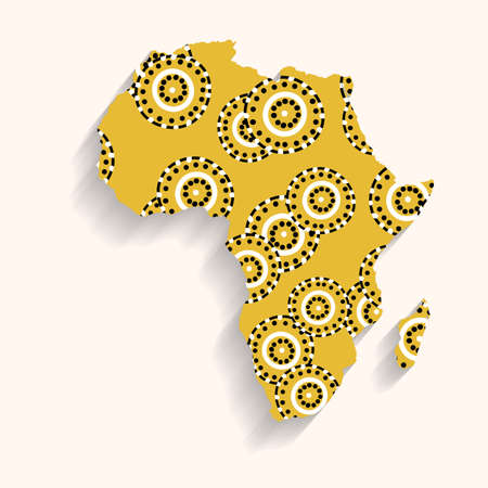 Map of Africa, sign silhouette. World Map Globe. Vector Illustration isolated on white background. African continent with ethnic pattern, wild animals skin ornament, color tribalのイラスト素材