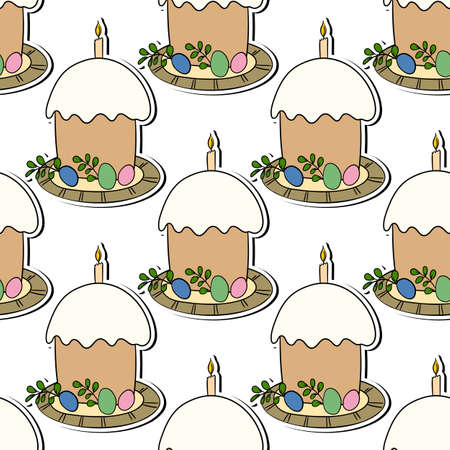 Seamless pattern with Easter cake on white background. Hand drawn Happy Easter symbol. Design for card, postcard, wallpaper, poster, fabric, textile. Holiday sweet food. Doodle styleのイラスト素材