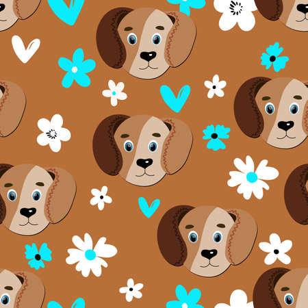 Seamless pattern with cute dog face on color floral background. Vector flat animals colorful illustration for kids. Adorable cartoon character. Design for textures, card, poster, fabric, textileのイラスト素材