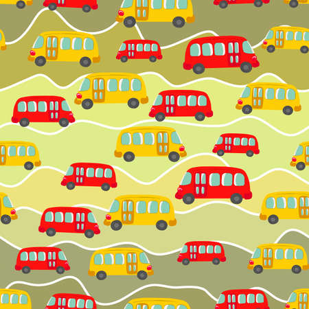 Seamless pattern with cute bus, car on color background. Cartoot transport. Vector illustration. Doodle style. Design for baby print, invitation, poster, card, fabric, textileのイラスト素材