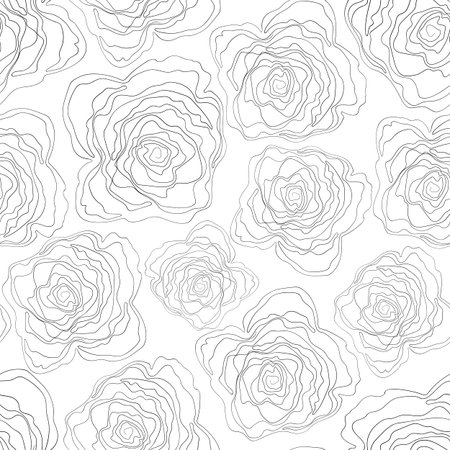 Seamless floral pattern silhouette art line ornaments. Black and white background with flowers. Vector illustration. Simple minimalistic pattern. Contour graphics for invitation, card, textile, fabricのイラスト素材