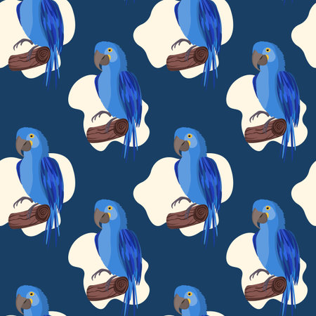 Seamless pattern with cute cartoon parrot bird on branch. Vector illustration for wallpaper, fabric, textile. Summer exotic print. Tropical parrot with floral monstera leavesのイラスト素材