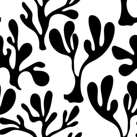 Seamless floral pattern based on traditional folk art ornaments. Black leaves on white background. Scandinavian style. Sweden nordic style. Monochrome vector illustration for textile, wallpaperのイラスト素材