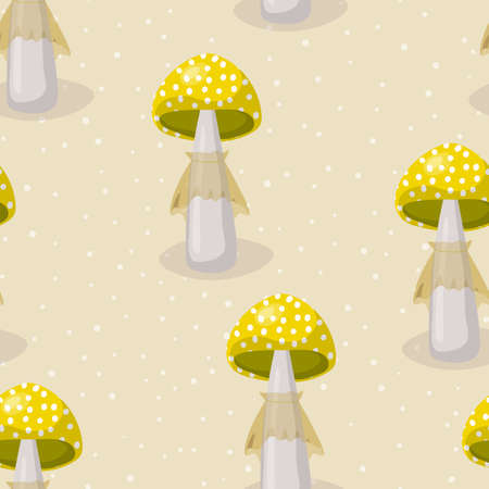 Seamless pattern with mushrooms on color background. Cute fairy mushroom. Modern vector illustration for packaging, banner, card, fabric, other design. Food conceptのイラスト素材