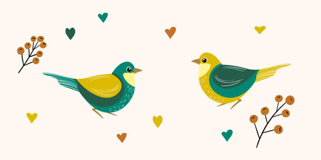 Funny colorful birds, flowers, leaves and berries. Color flat vector illustration with little cartoon bird. Cute characters. Card, postcards for kidsのイラスト素材