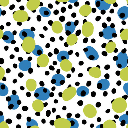 Abstract hand drown polka dots background. White dotted seamless pattern with color circles....